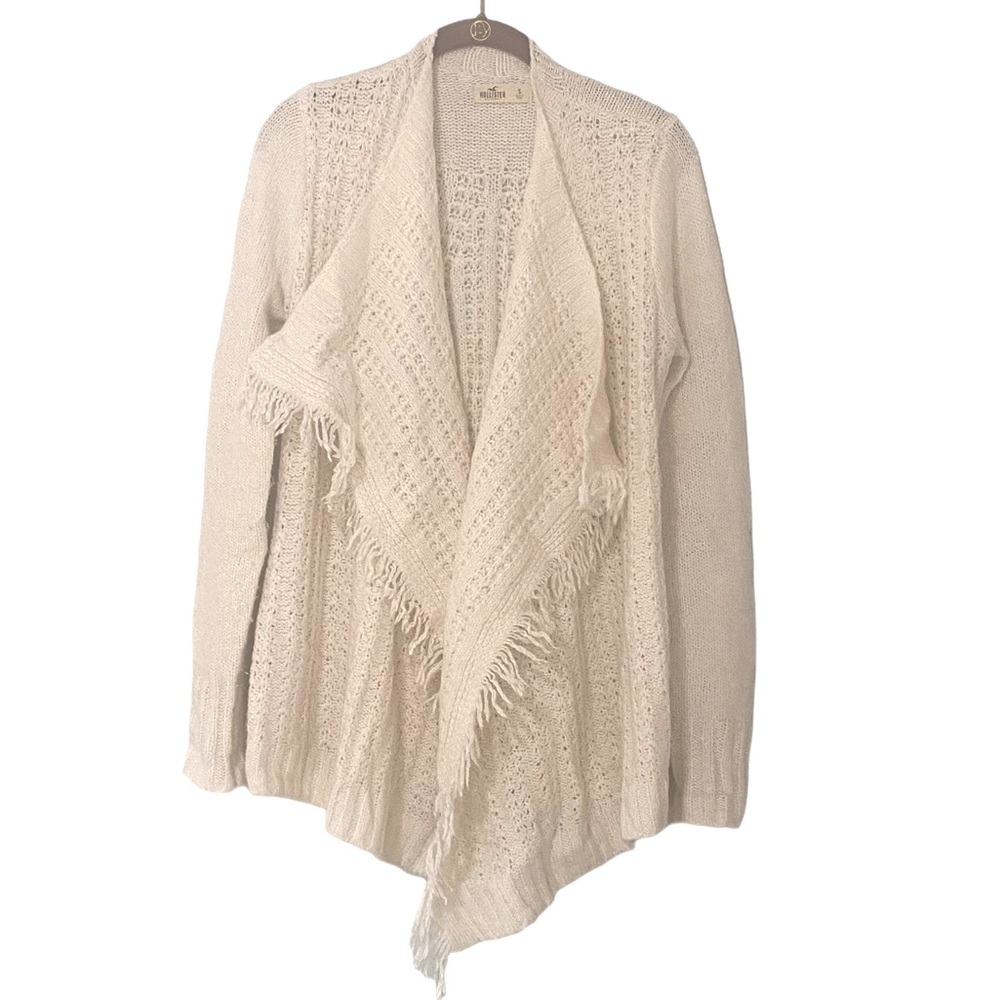 Hollister Cable Knit Fringe Open Cardigan Sweater Cream Size Small